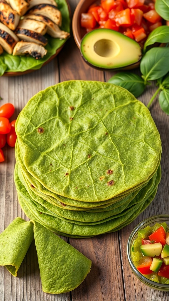 Keto Spinach Tortillas Recipe A stack of green spinach tortillas on a wooden table with fillings like chicken and avocado.